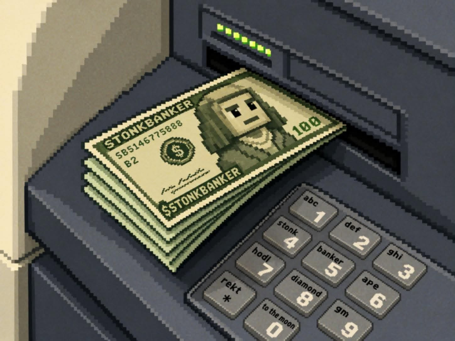 A stack of $STONKBANKER notes coming out of an ATM.